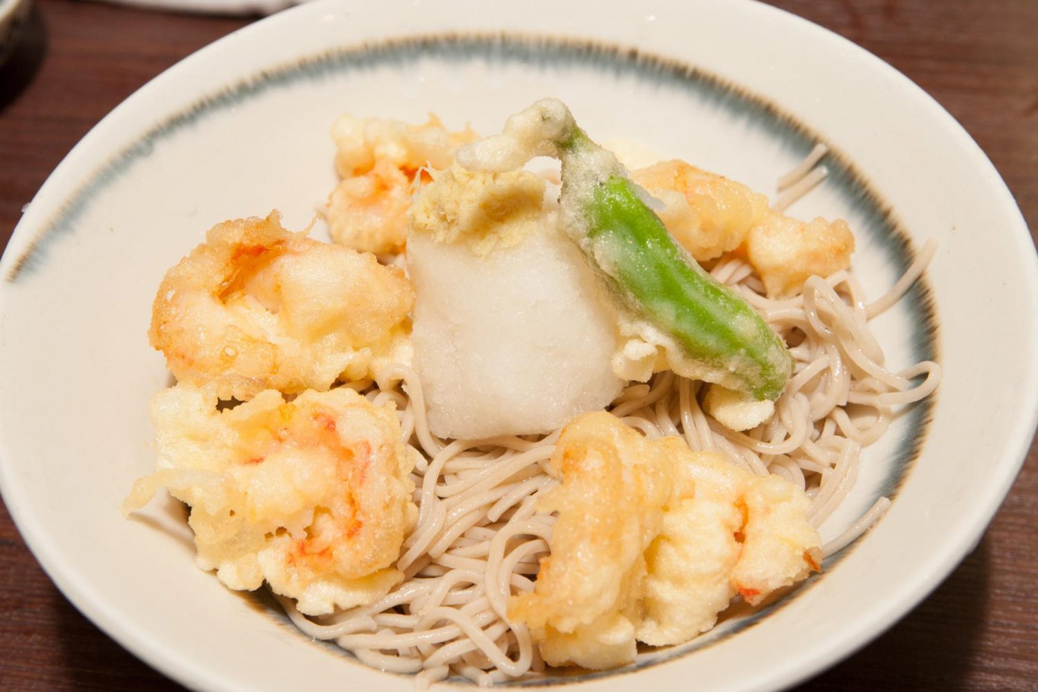 HIYASHI-TENOROSHI-SOBA（冷し天おろしそば ）: Cold noodles with five fried Tempura prawns dipping sauce & grated radish